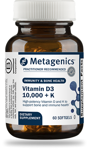 Metagenics Vitamin D3 10,000 + K dietary supplement bottle with 60 softgels
