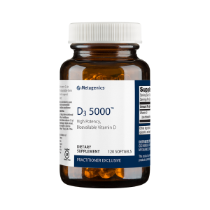 Metagenics D3 5000 bottle, 120 softgels, high potency bioavailable Vitamin D dietary supplement