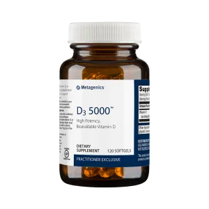 Metagenics D3 5000 bottle, 120 softgels, high potency bioavailable Vitamin D dietary supplement