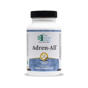 Adren-All 120 capsules dietary supplement bottle by Ortho Molecular Products for endocrine health