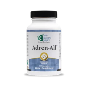 Adren-All 120 capsules dietary supplement bottle by Ortho Molecular Products for endocrine health
