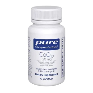 Pure Encapsulations CoQ10 120 mg dietary supplement bottle with 30 capsules