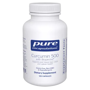 Pure Encapsulations Curcumin 500 with Bioperine dietary supplement bottle, 120 capsules