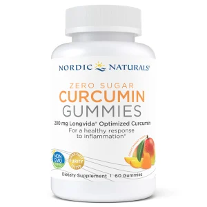 Nordic Naturals zero sugar curcumin gummies bottle with 200 mg Longvida optimized curcumin, 60 count
