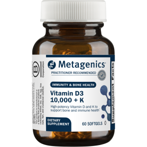 Metagenics Vitamin D3 10,000 + K supplement bottle with white cap, 60 softgels, labeled for immunity and bone health