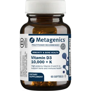 Metagenics Vitamin D3 10,000 + K supplement bottle with white cap, 60 softgels, labeled for immunity and bone health