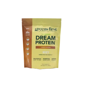 Greens First The Original Dream Protein caramel cappuccino whey powder pouch, 20g protein per serving