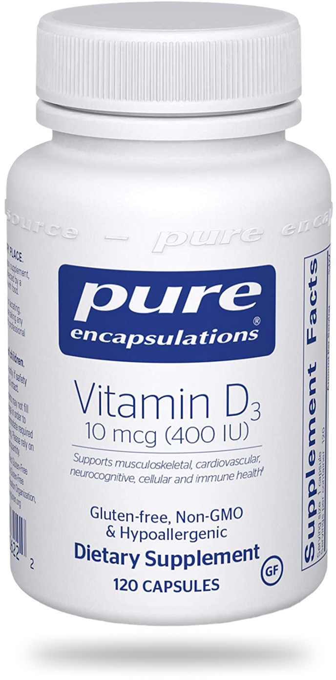 Pure Encapsulations Vitamin D3 10 mcg (400 IU) dietary supplement bottle