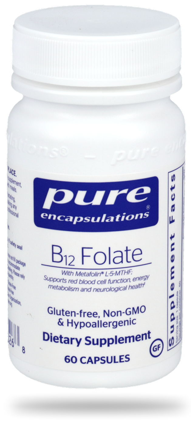 Pure Encapsulations B12 Folate dietary supplement bottle with white cap, 60 capsules