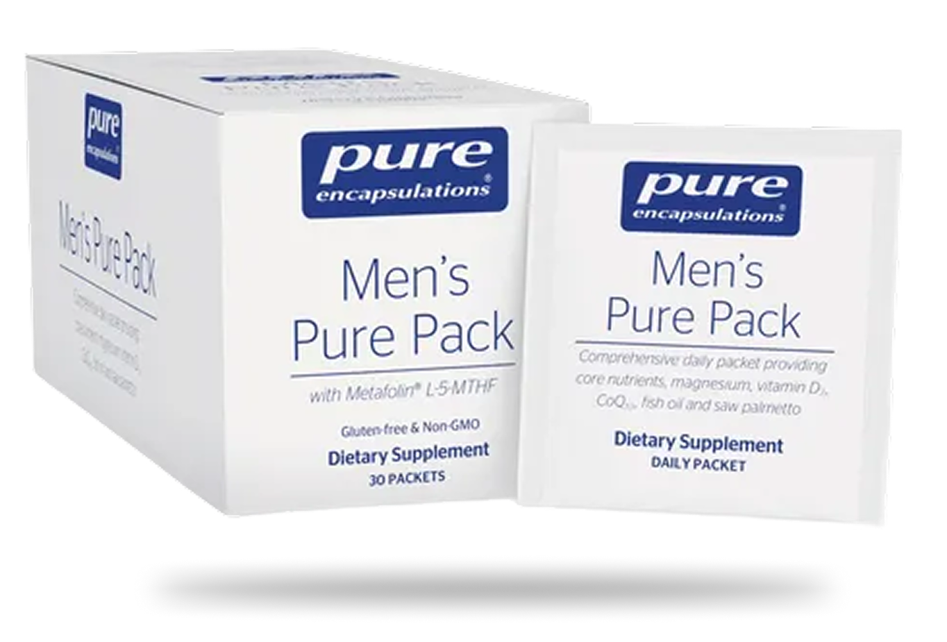 Pure Encapsulations Men's Pure Pack box and daily packet with Metafolin L-5MTHF