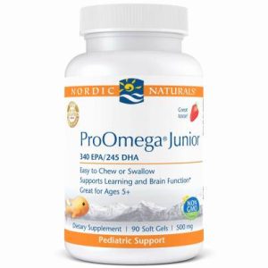 Nordic Naturals ProOmega Junior softgel bottle with 340 EPA/245 DHA, 90 soft gels, pediatric support