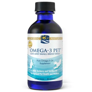Nordic Naturals Omega-3 Pet liquid supplement bottle for cats and small breed dogs