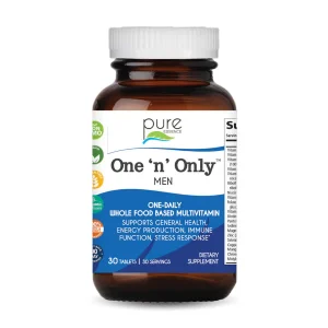 Pure Essence One 'n' Only Men multivitamin in amber glass bottle, 30 tablets, whole food based