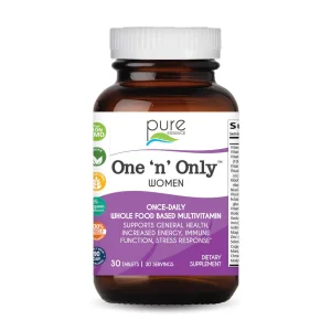Pure Essence One 'n' Only Women multivitamin in amber glass bottle, 30 tablets, whole food based