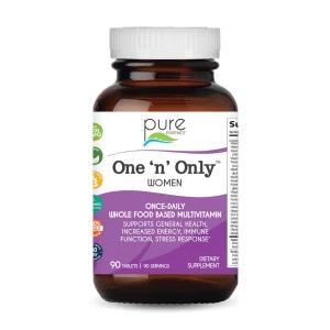 Pure Essence One 'n' Only Women multivitamin in amber glass bottle, 90 tablets, whole food based