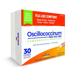 Oscillococcinum 30-dose box for flu-like symptoms including body aches, headache, fever, chills, and fatigue