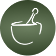 Mortar and pestle icon on green circular background