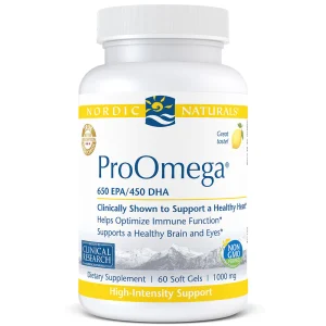 Nordic Naturals ProOmega softgel bottle with 650 EPA/450 DHA, 60 soft gels, clinically researched