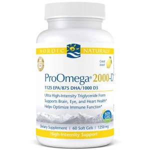 Nordic Naturals ProOmega 2000-D softgel bottle with 1125 EPA/875 DHA and 1000 D3, 60 soft gels