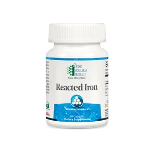 Ortho Molecular Products Reacted Iron dietary supplement bottle with 60 capsules