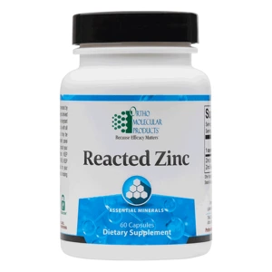 Ortho Molecular Products Reacted Zinc dietary supplement bottle with 60 capsules