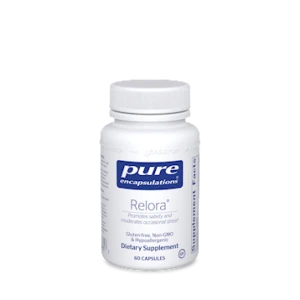 Pure Encapsulations Relora dietary supplement bottle with 60 capsules