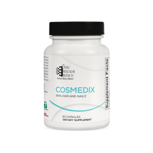 Cosmedix 60-capsule dietary supplement bottle for skin, hair and nails by Ortho Molecular Products