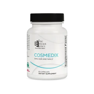 Cosmedix 60-capsule dietary supplement bottle for skin, hair and nails by Ortho Molecular Products