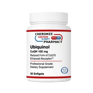 Cherokee Custom Script Pharmacy Ubiquinol CoQH 100 mg bottle of 30 softgels, professional grade dietary supplement