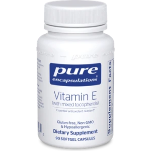 Pure Encapsulations Vitamin E with mixed tocopherols dietary supplement bottle with 90 softgel capsules