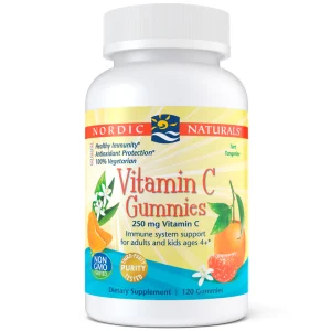 Nordic Naturals vitamin C gummies bottle with 250 mg vitamin C per serving, 120 count