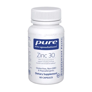 Pure Encapsulations Zinc 30 dietary supplement bottle, 60 capsules