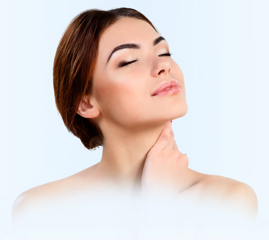 Woman with hand on neck, eyes closed, profile view showing facial structure