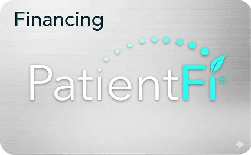 PatientFi logo with turquoise dots and leaf design on gray background