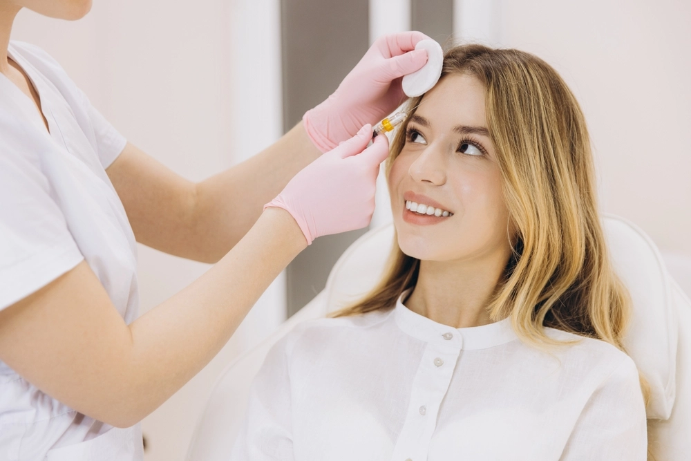 Provider in pink gloves applies treatment with applicator near patient's eye area