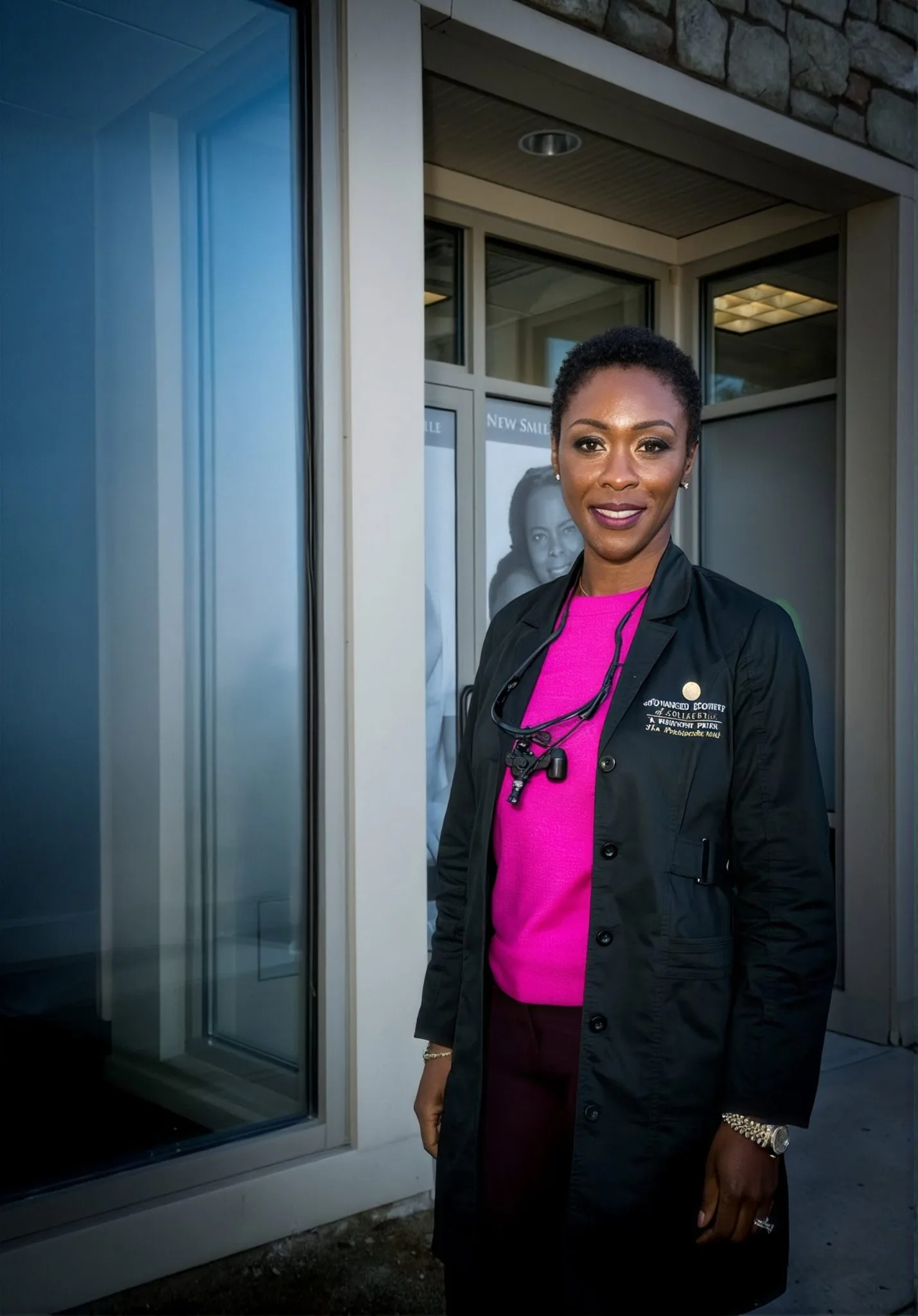 Dr. Nelly Silva, who provides snoring treatment, standing at the entrance of our Collegeville office