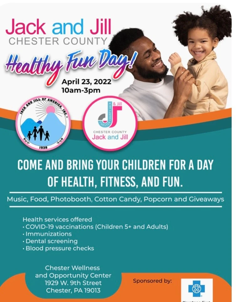 Flyer for the Jack and Jill of America Chester County Healthy Fun Day on April 23, 2022, with dental screenings and family health services