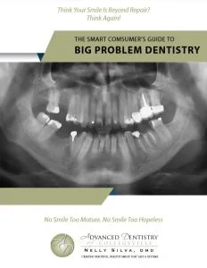 Panoramic dental X-ray showing multiple missing teeth and implants with text 'The Smart Consumer's Guide to Big Problem Dentistry'