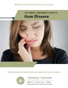 THE SMART CONSUMER'S GUIDE TO Gum Disease — Woman holding her cheek with reddened gum area highlighted