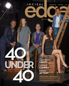 40 Under 40 award cover from Incisal Edge magazine, Fall 2014, featuring five young dentists selected as top practitioners in America