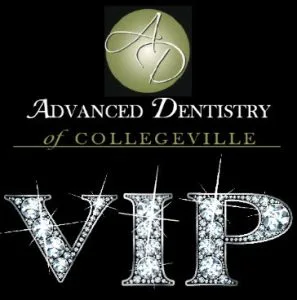 Advanced Dentistry of Collegeville VIP logo with practice name and diamond-studded VIP text