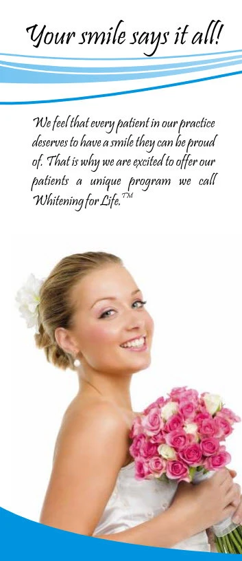 Woman with bright smile holding pink and white roses, promoting Whitening for Life program