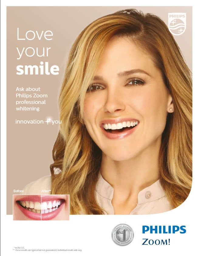 Woman smiling after Philips Zoom professional whitening, with before-and-after teeth comparison inset