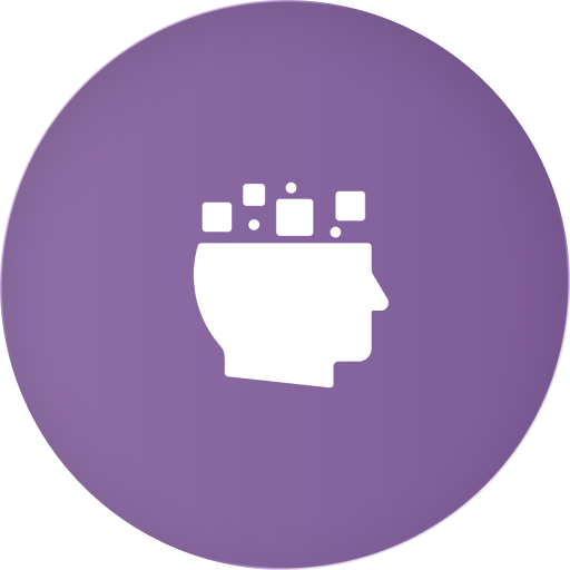 White silhouette of a head in profile with scattered squares and dots inside, representing ADHD on purple background