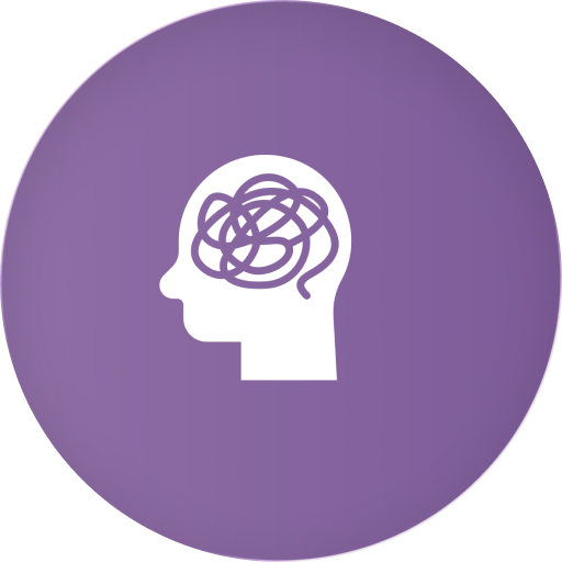 White silhouette of a head in profile with tangled scribble lines inside the brain area, representing anxiety on purple background