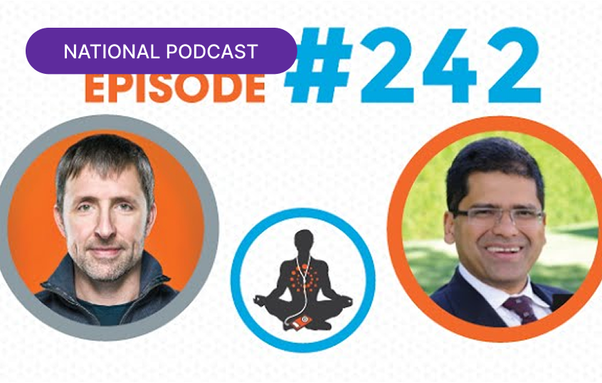 Bulletproof Radio National Podcast Episode #242 featuring two guest headshots and a meditation icon