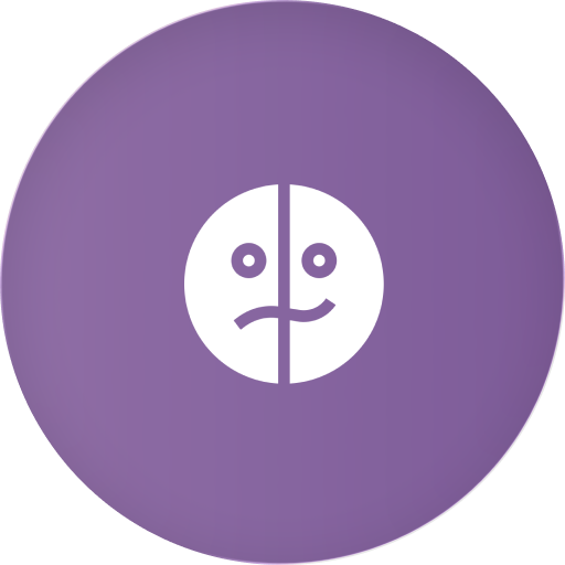 Icon of split face showing two expressions on purple circle representing emotional balance