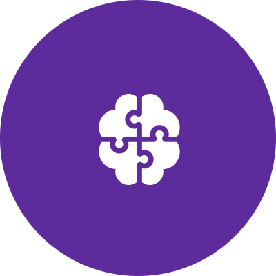 White puzzle piece icon on purple circular background