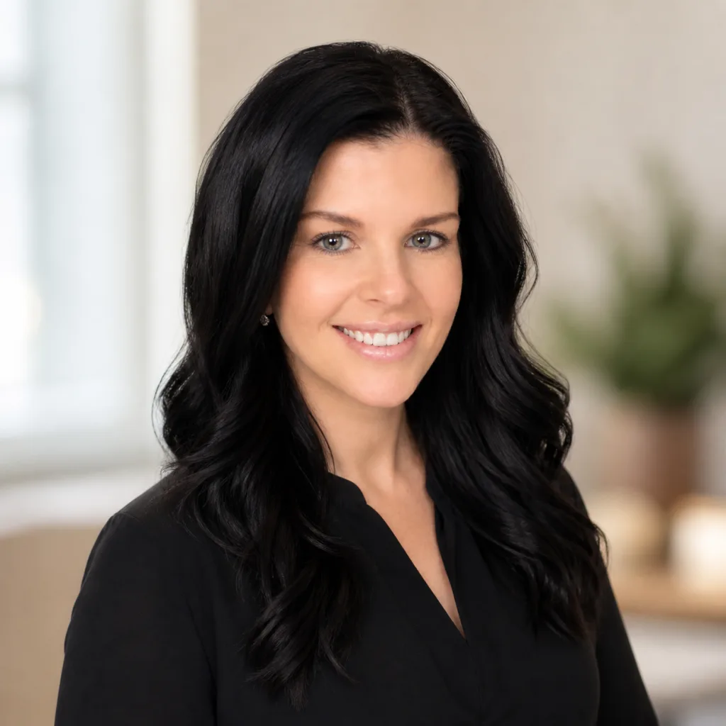 Kara, smiling at camera, wearing black top, in medical office setting