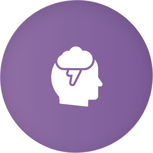Icon of head in profile with cloud and lightning bolt on purple circle representing PTSD